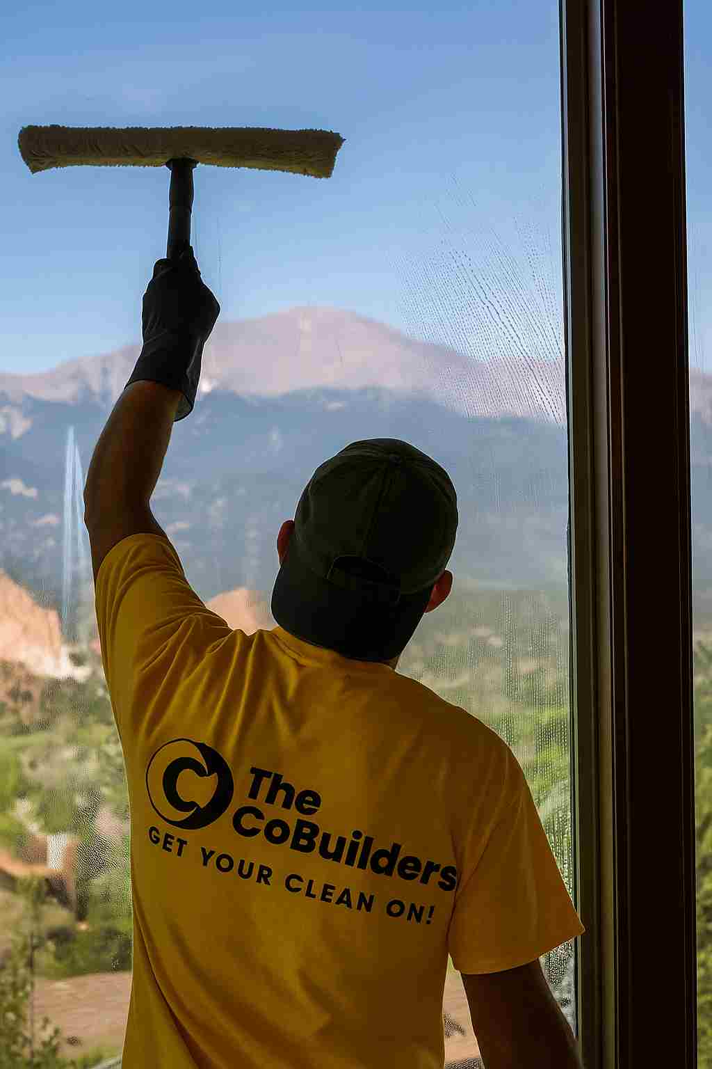 The CoBuilders cleaning professional wiping windows with mountain views in Colorado Springs