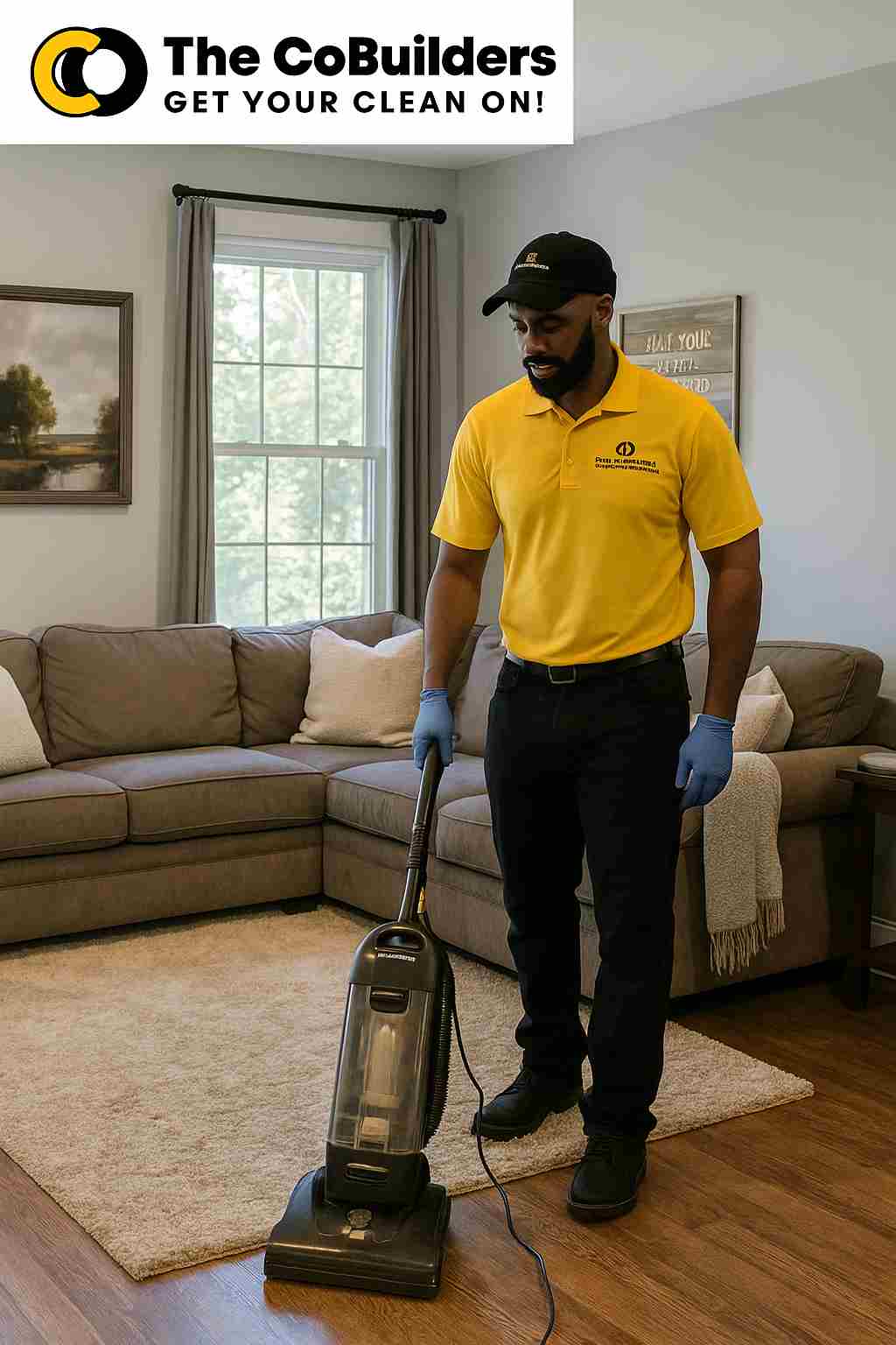 Professional CoBuilders cleaner vacuuming a living room in a Pittsburgh family home