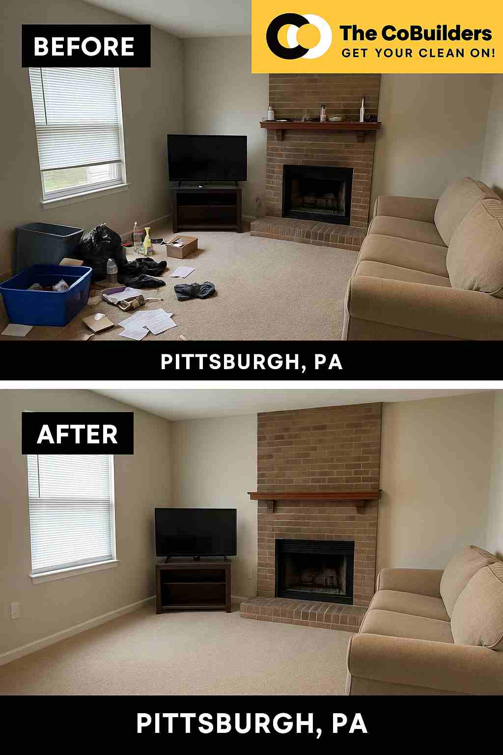 Before and after comparison of a living room cleaned by The CoBuilders in Pittsburgh, PA