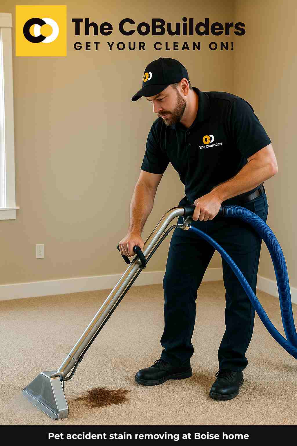 Professional carpet steam cleaner removing pet accident stain from beige carpet in Boise home