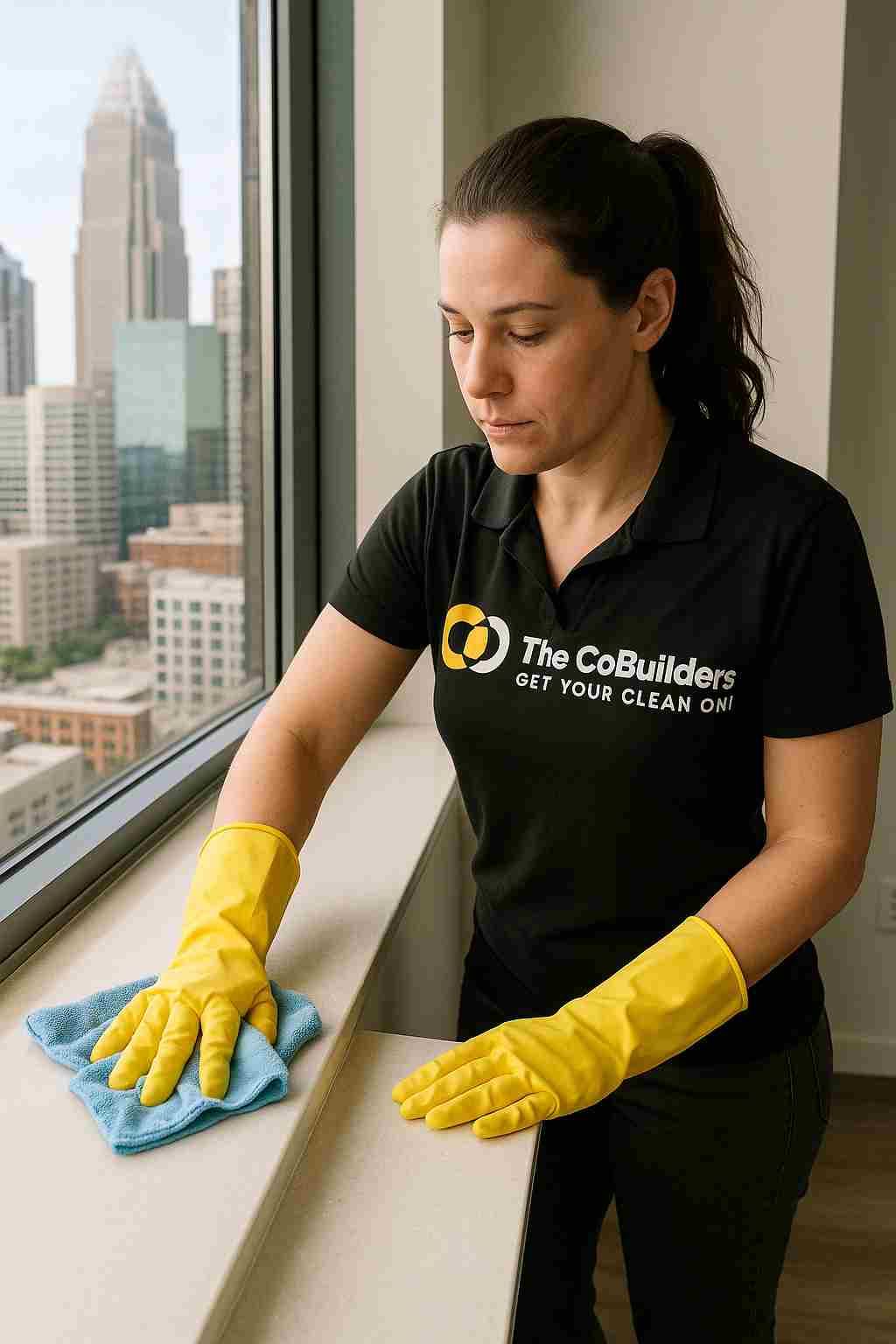 Cleaner wiping window ledge in an Uptown Charlotte apartment during deep clean