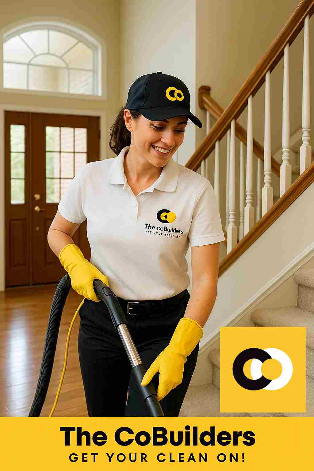 Cleaner vacuuming staircase in a two-story Pittsburgh suburb home