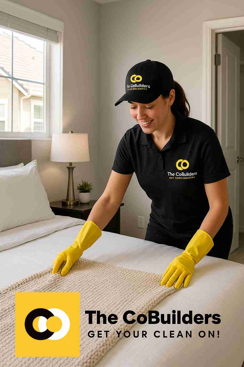 Professional cleaner organizing a bedroom in a Natomas townhouse