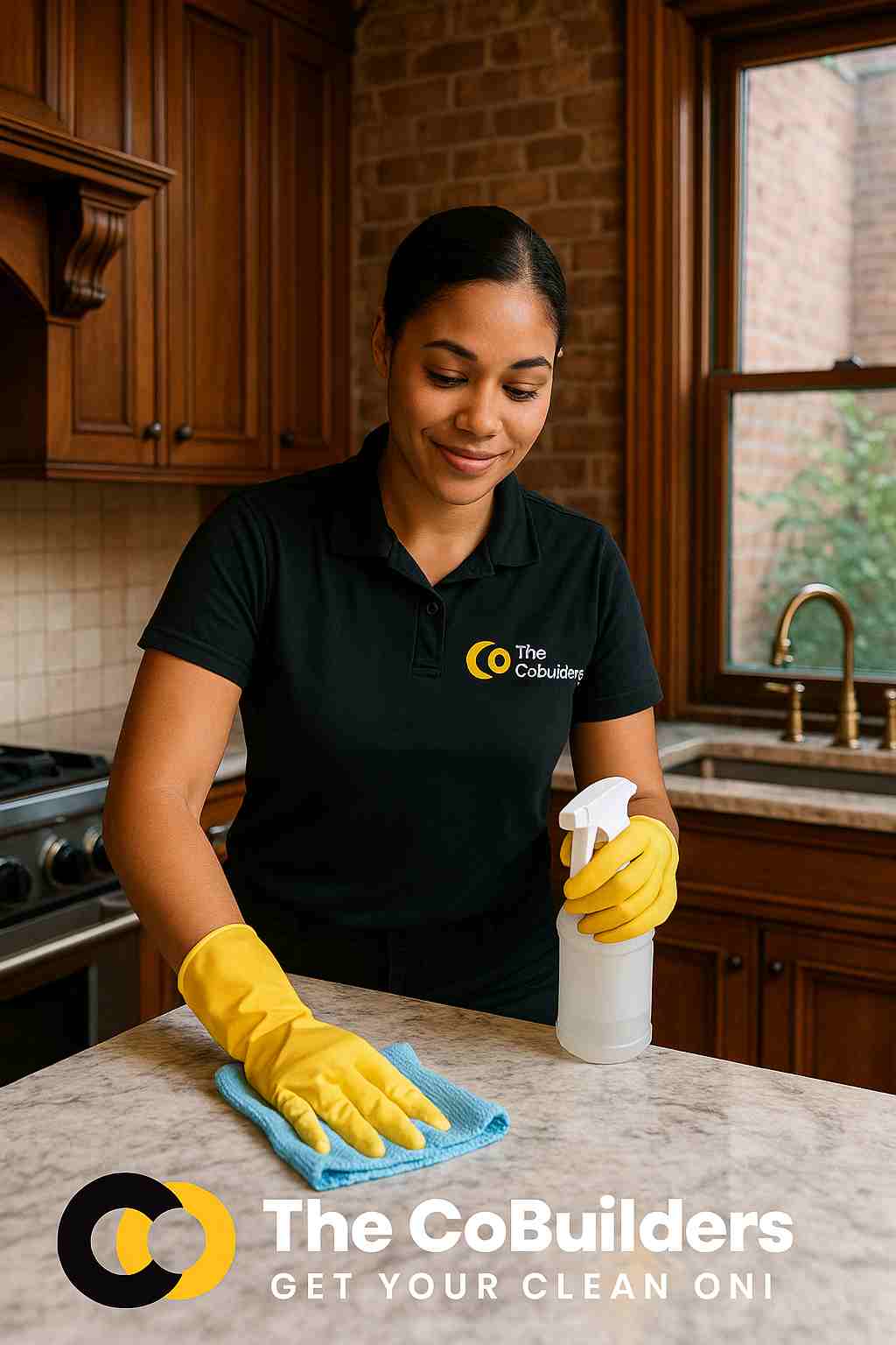 Maid from The CoBuilders wiping down a kitchen counter in a Brooklyn brownstone