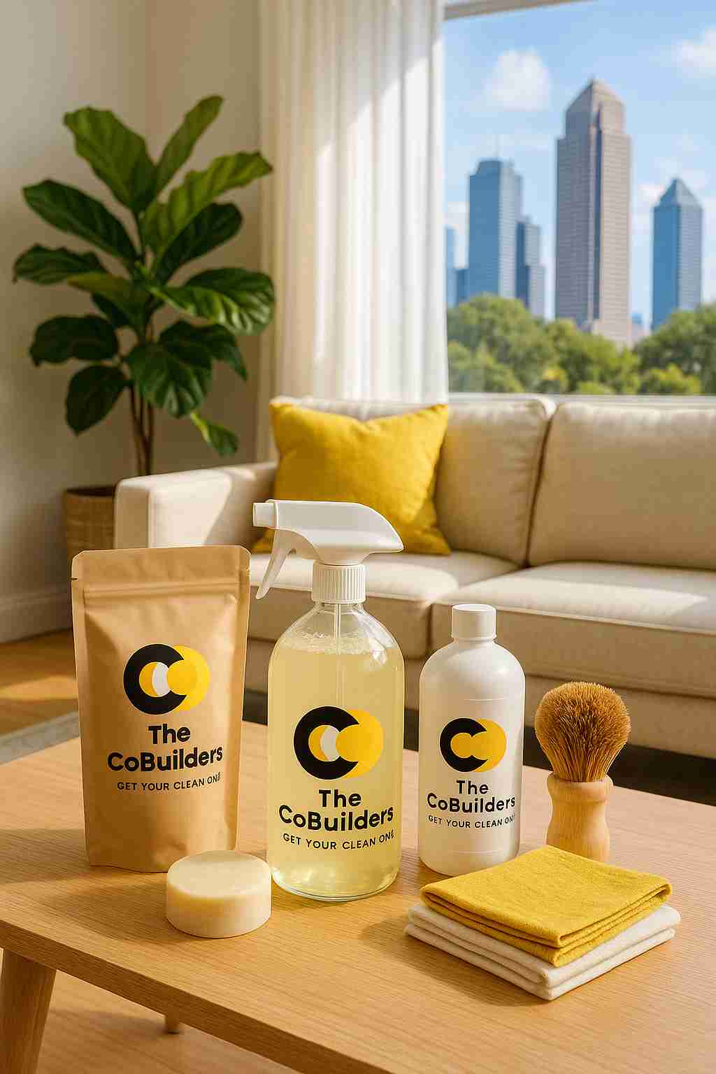Eco-friendly cleaning supplies arranged in a bright Houston living room
