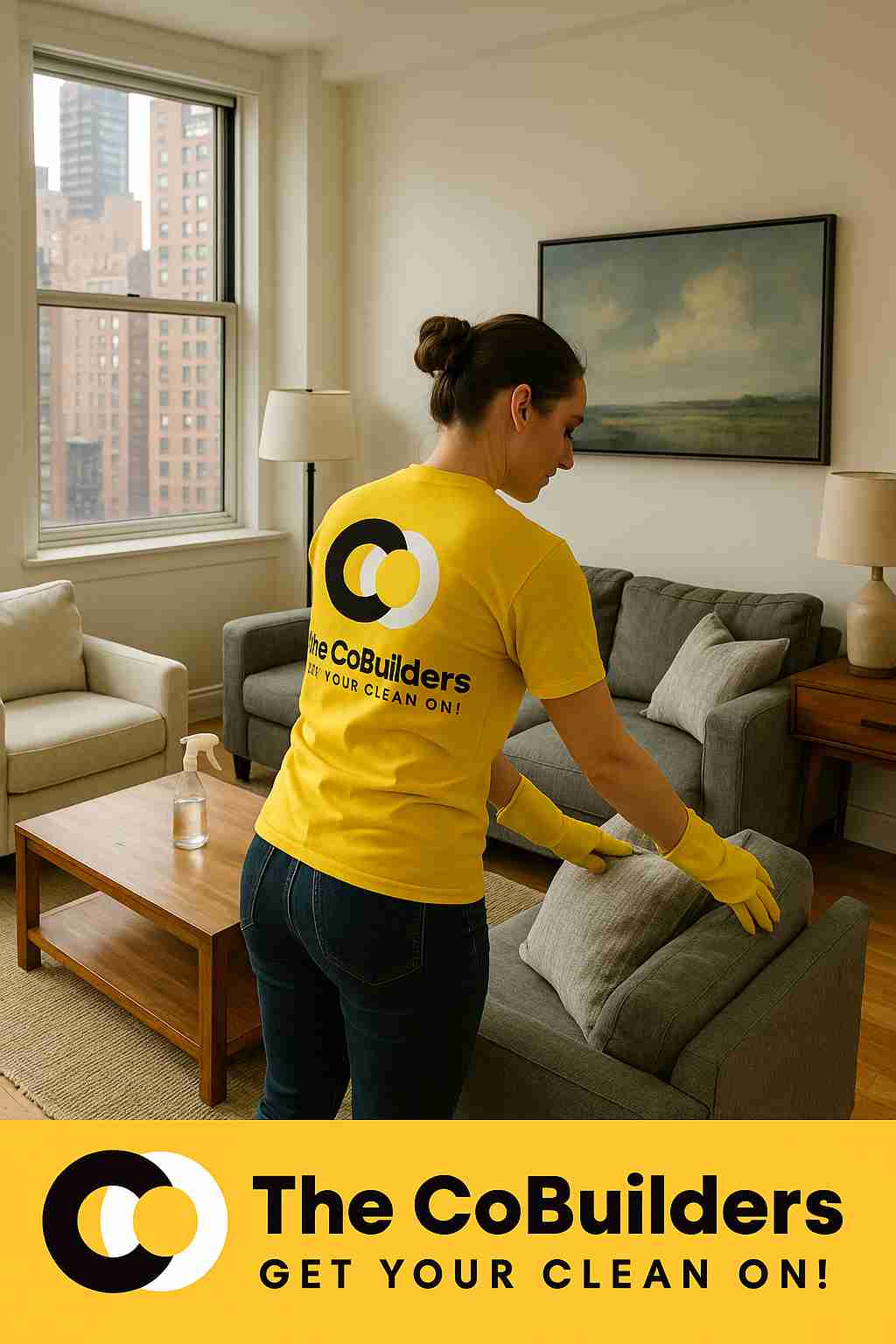 The CoBuilders cleaner organizing a living room in a Manhattan apartment