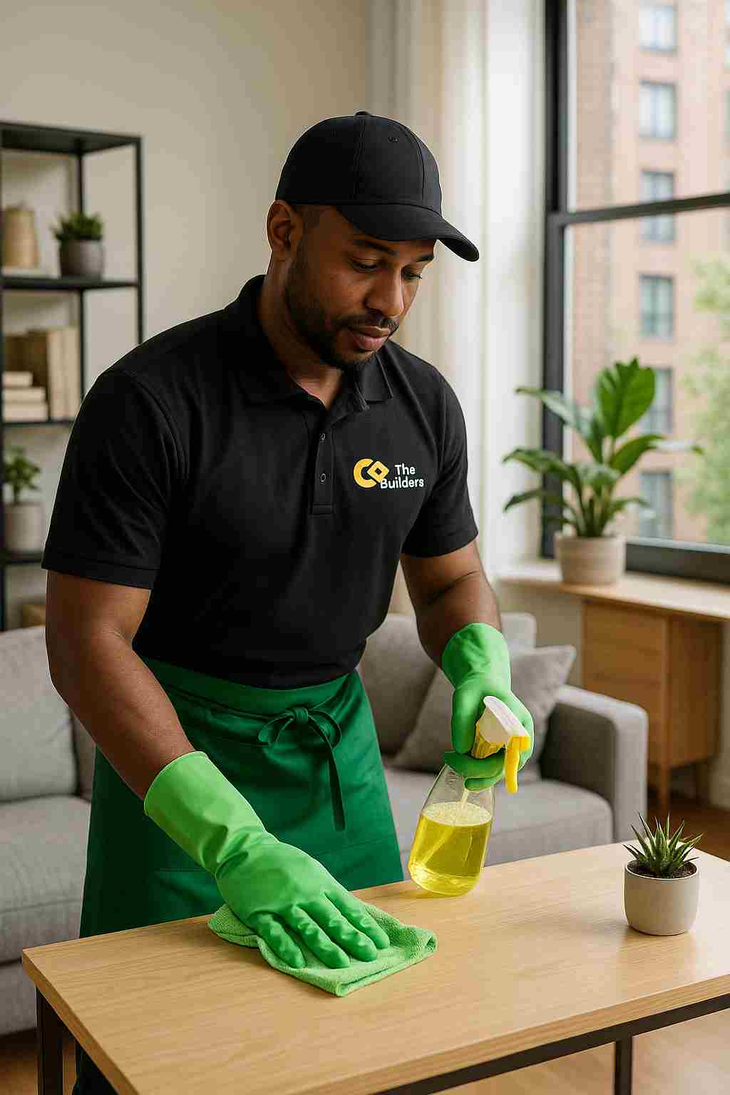 Professional cleaner providing eco-friendly cleaning services in a modern New York apartment