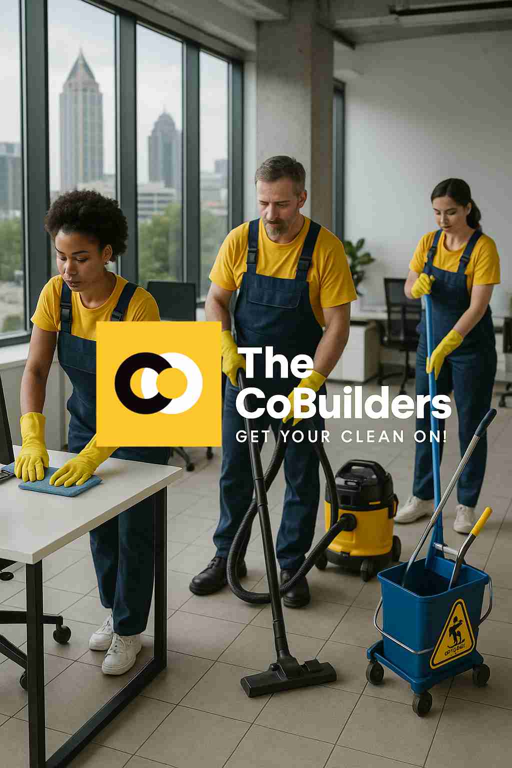 Professional team performing commercial office cleaning in a modern Atlanta office space