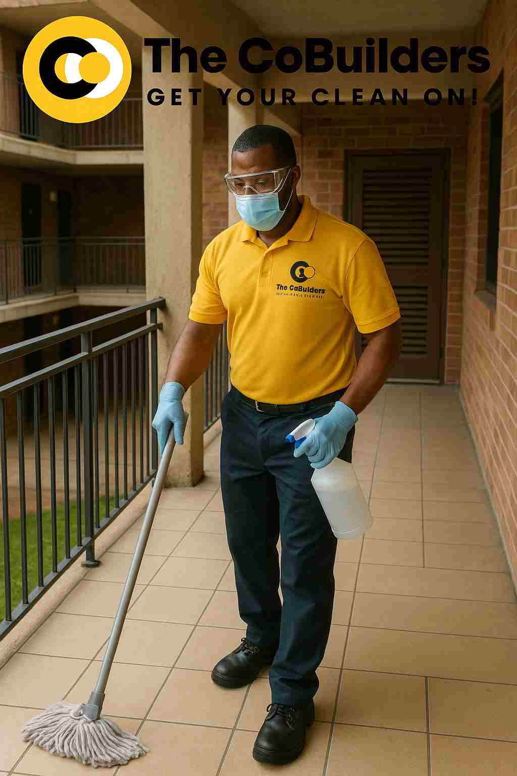 Cleaner in uniform sanitizing a public housing common area in Houston