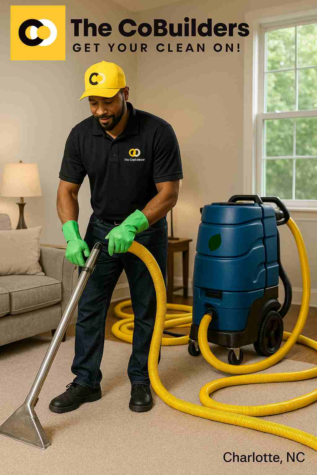 Professional carpet cleaner using eco-friendly equipment in a Charlotte, NC home