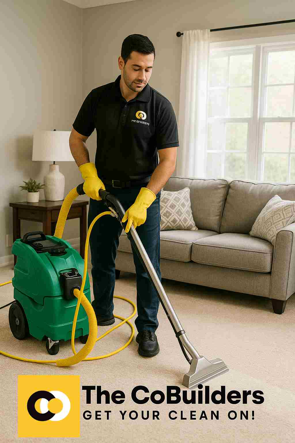 Professional carpet cleaner using eco-friendly equipment in a Charlotte, NC home