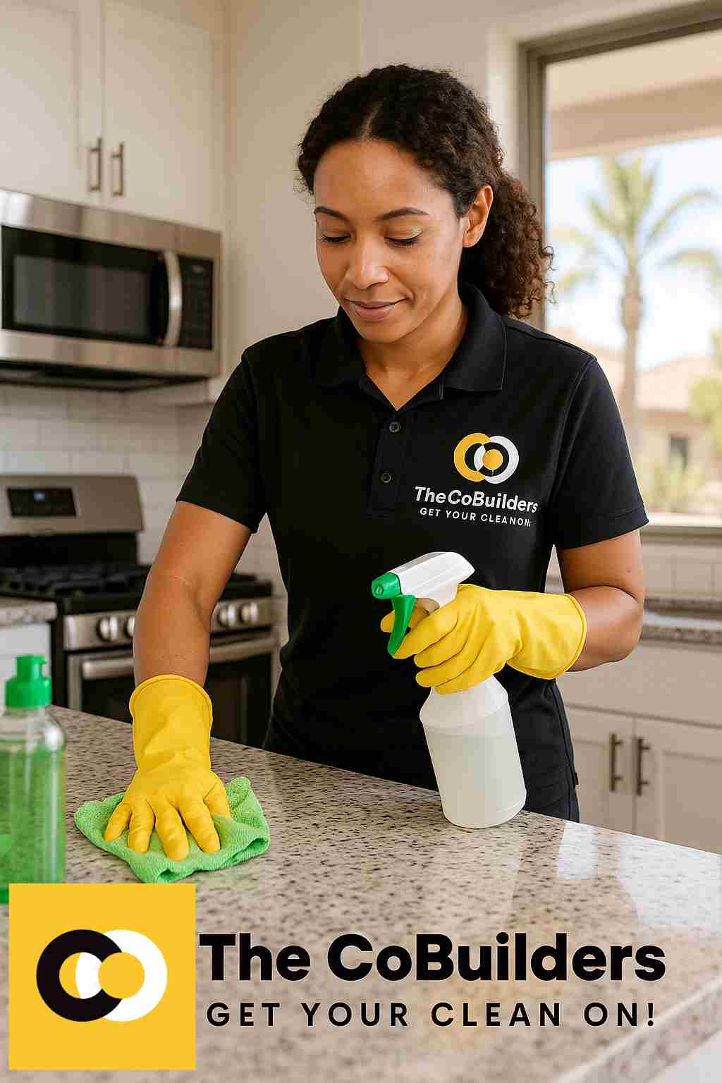 Residential cleaner wiping kitchen counters in a Phoenix home with eco-friendly products
