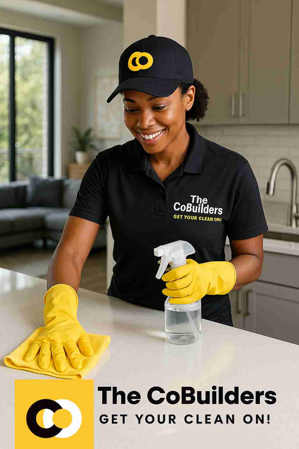 Professional eco-friendly cleaner wiping surfaces in a modern Austin home