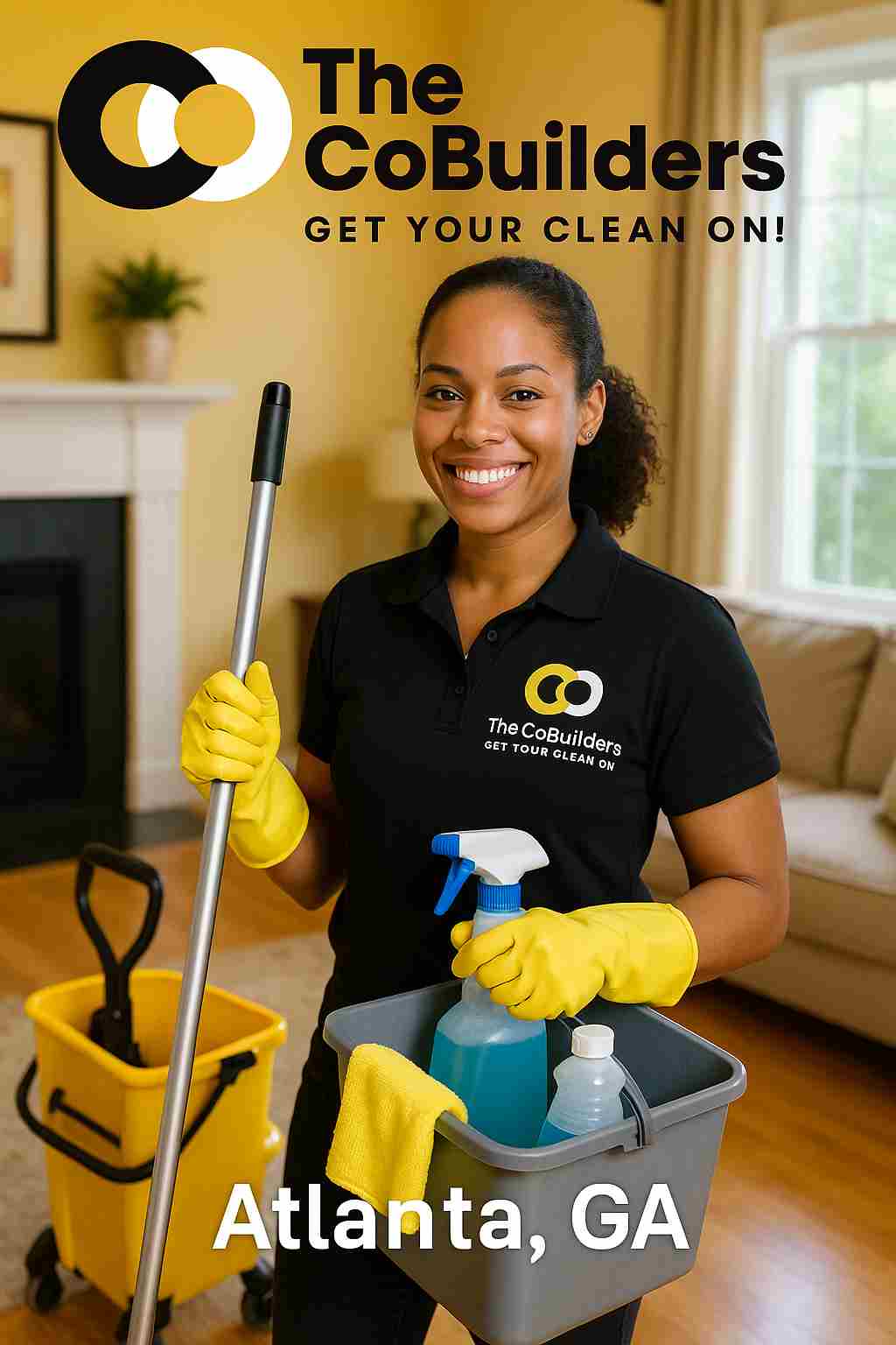 Professional cleaner in Atlanta, GA preparing for a house cleaning job with The CoBuilders