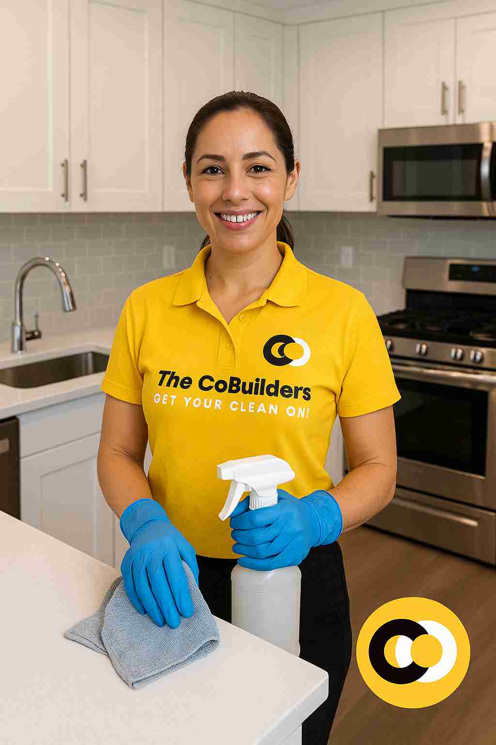 House cleaning professional from The CoBuilders in a spotless, modern kitchen