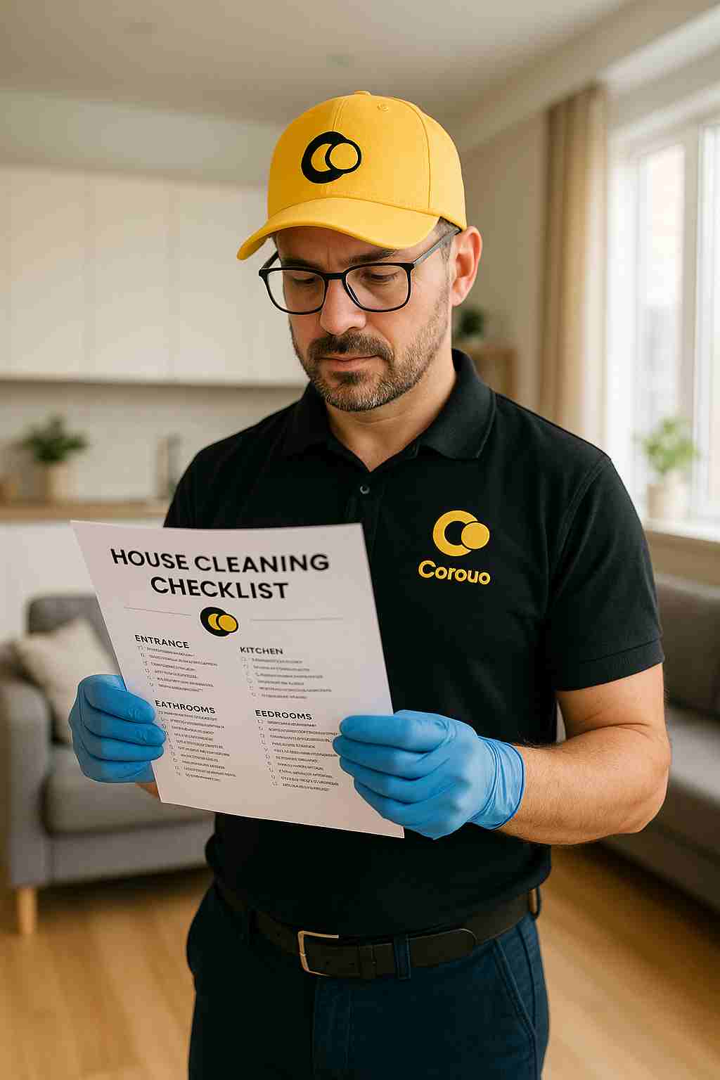 A professional cleaner holding a printed house cleaning checklist inside a tidy, modern home
