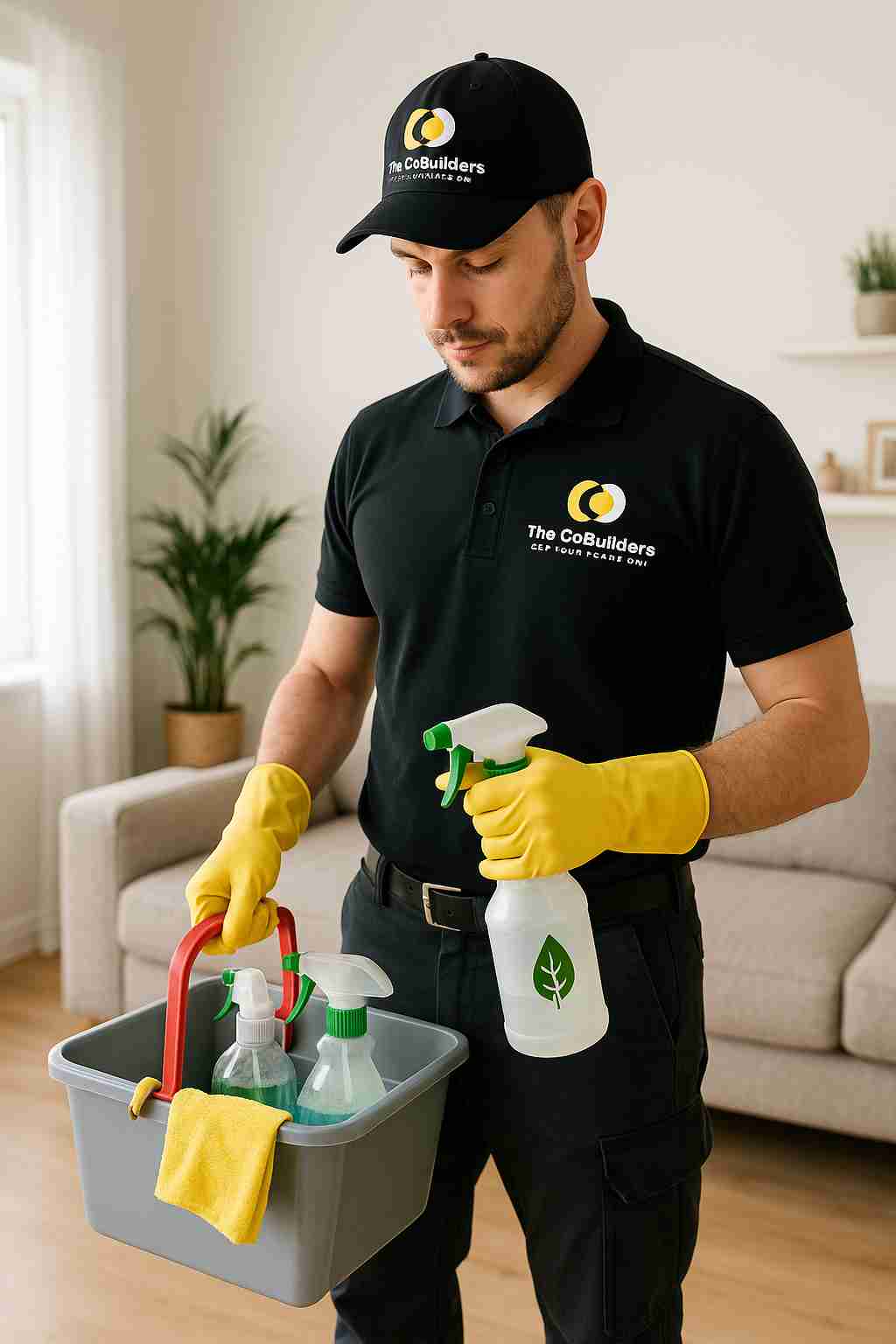Professional cleaner from The CoBuilders preparing a home for eco-friendly cleaning