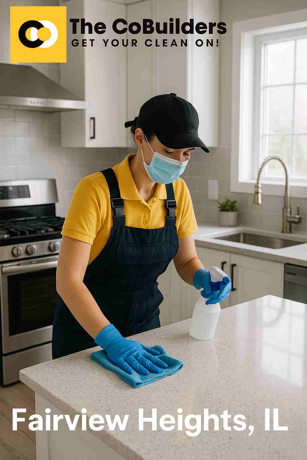 Professional cleaner in Fairview Heights, IL, sanitizing a modern residential kitchen