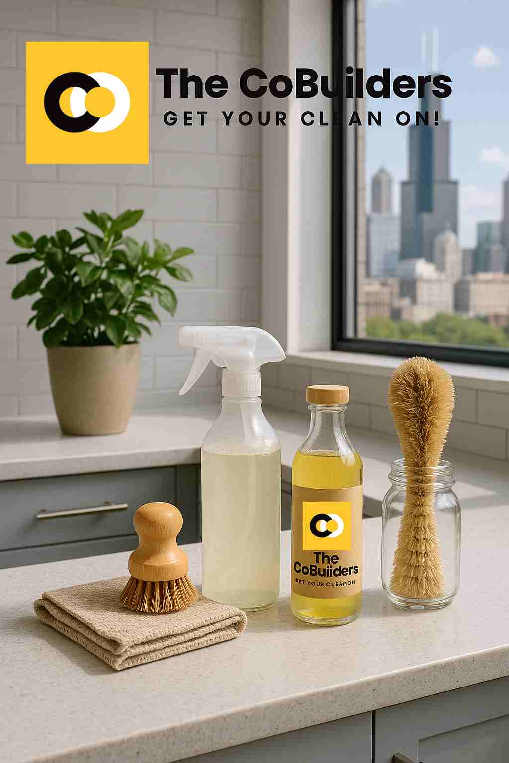 Eco-friendly cleaning supplies neatly arranged on a countertop in a modern Chicago kitchen