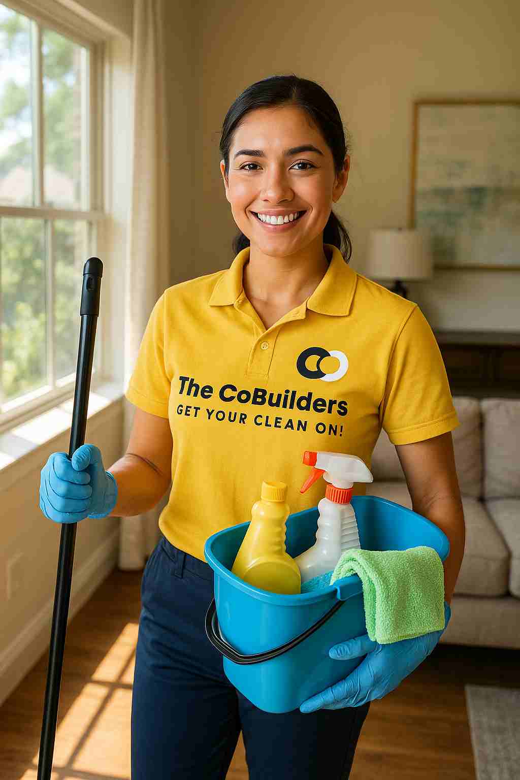 A house cleaner from The CoBuilders standing with cleaning supplies in a sunlit Austin home