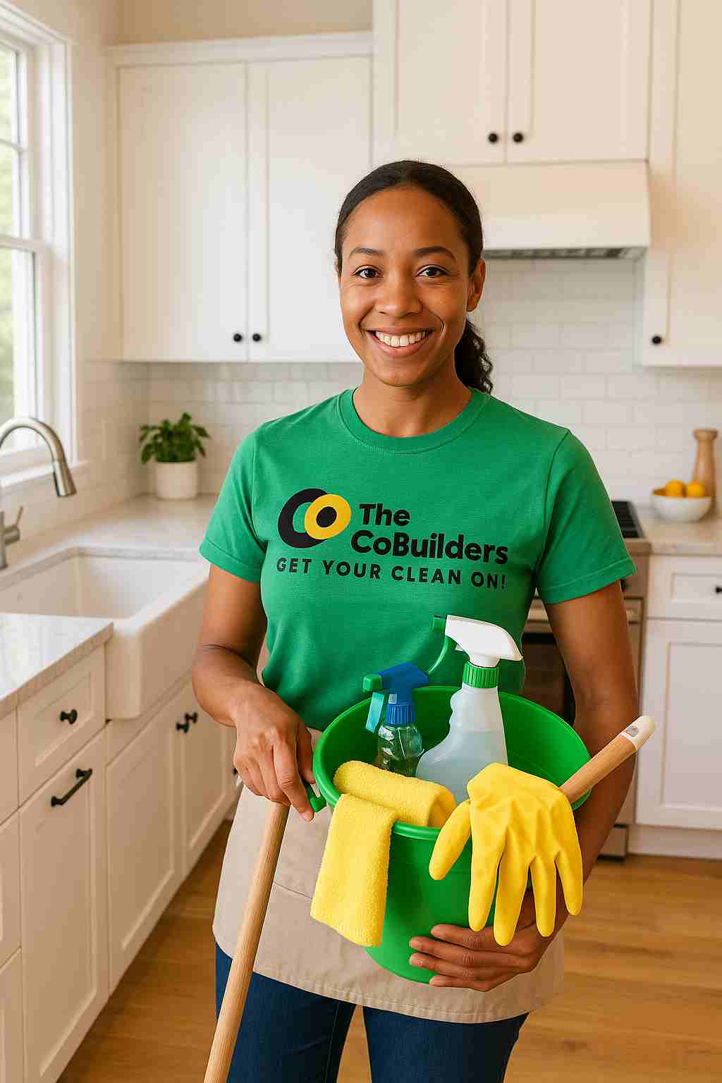 Eco-friendly house cleaner with tools in a bright Sacramento kitchen, provided by The CoBuilders