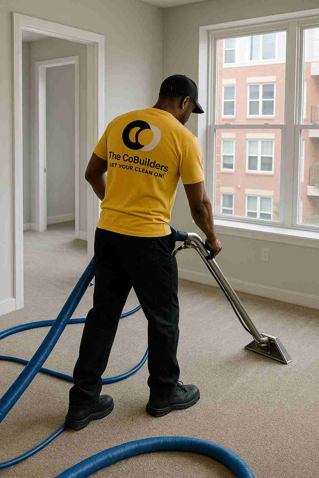 A professional cleaner from The CoBuilders deep-cleaning an empty apartment in Charlotte, NC