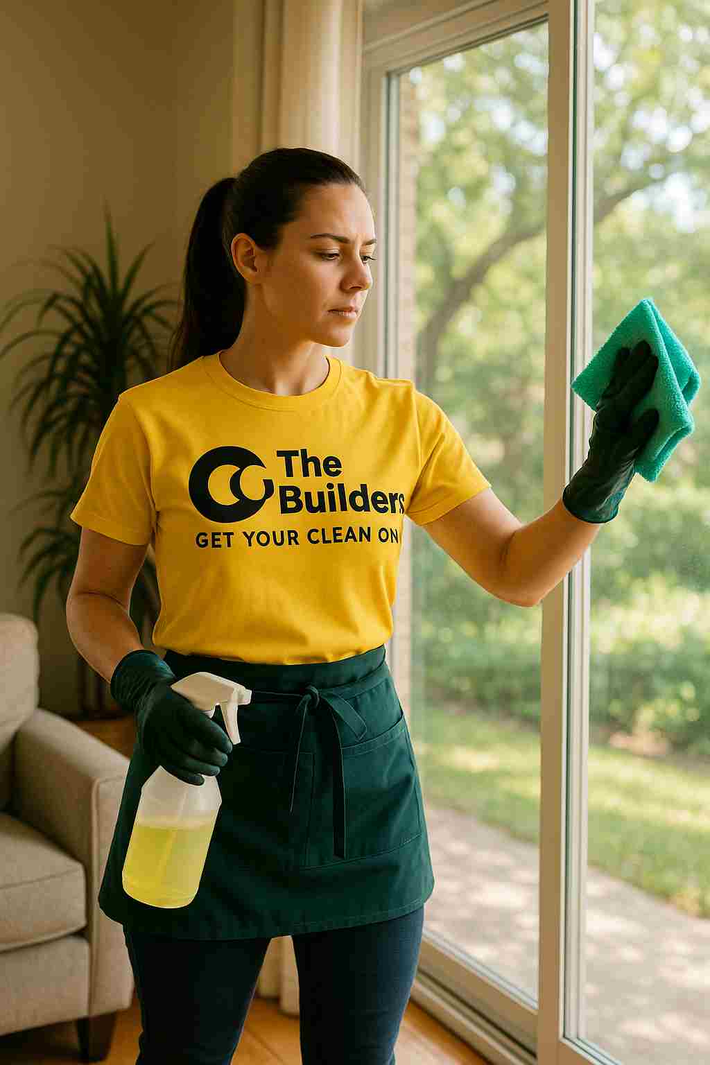 Professional house cleaner in an eco-friendly uniform cleaning a home in Austin, Texas with natural light and greenery outside