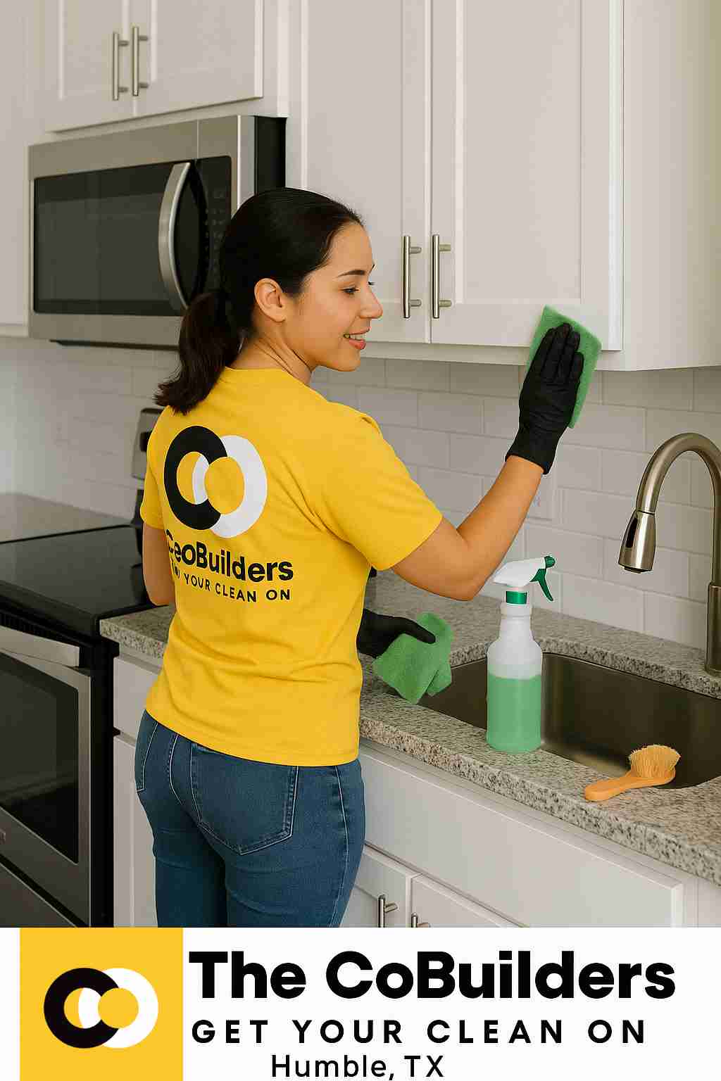 Professional cleaner from The CoBuilders cleaning a kitchen in a home in Humble, TX with eco-friendly supplies