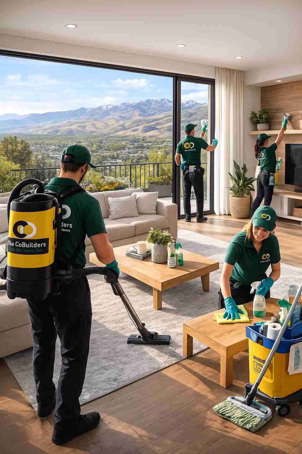 Eco-friendly professional cleaning a residential home in Boise, Idaho with scenic mountain views through the window