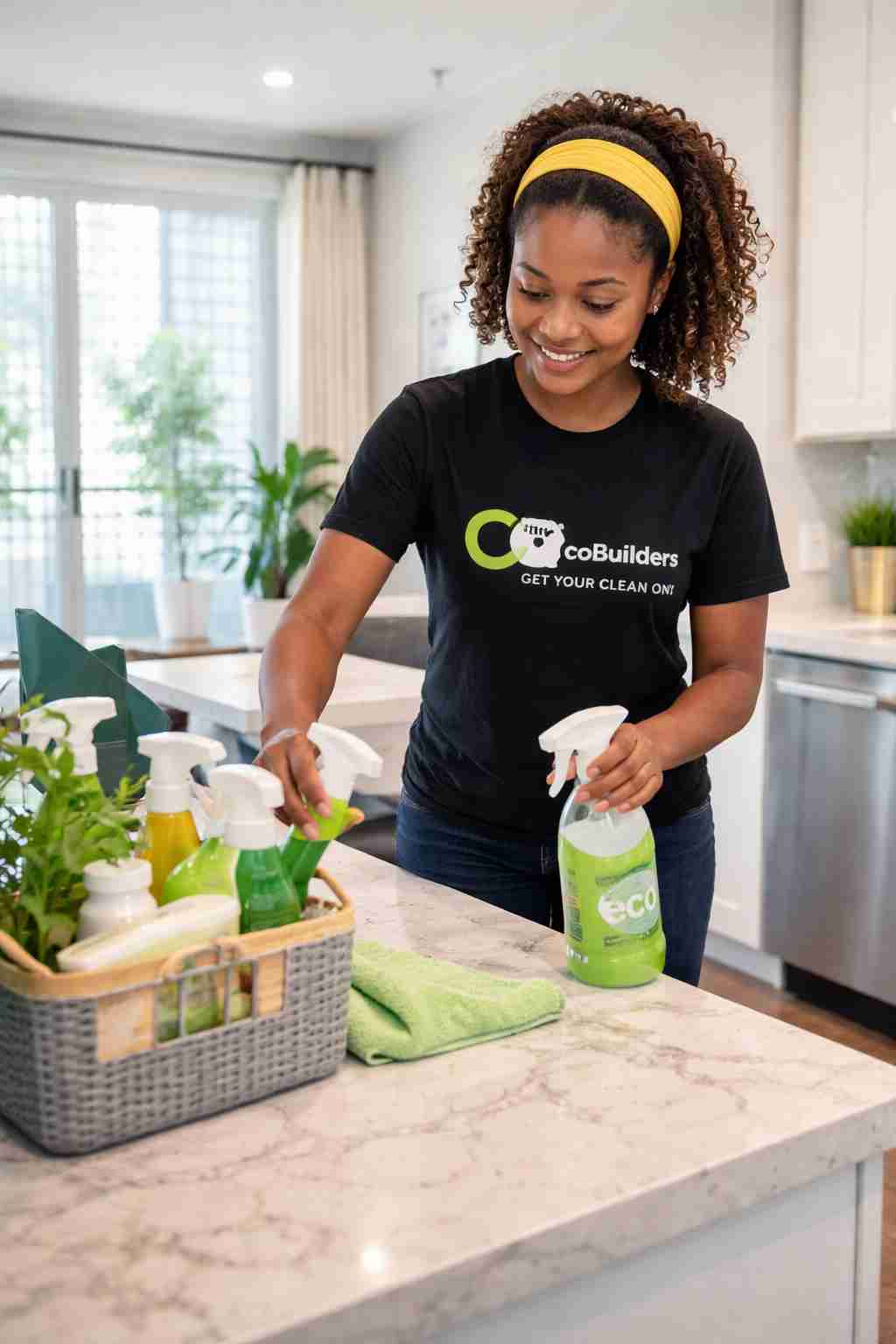 Cleaner from The CoBuilders working inside a modern apartment in Charlotte, NC with eco-friendly products