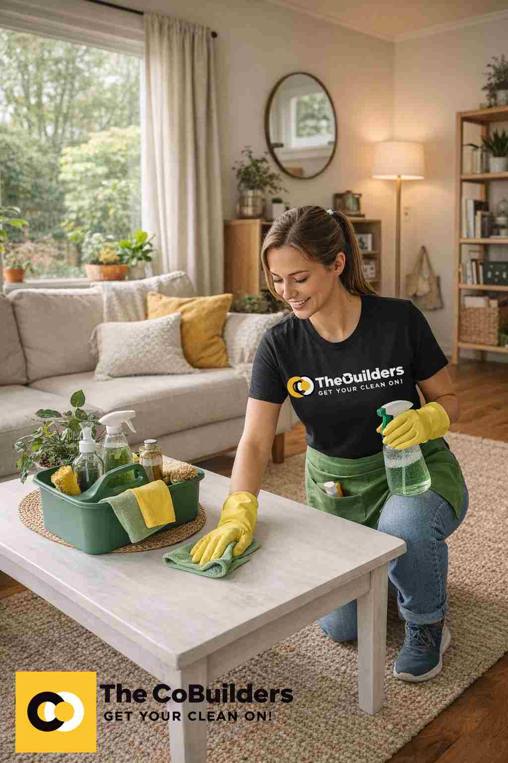 Eco-conscious house cleaner from The CoBuilders cleaning a cozy home in Central Portland, Oregon with green supplies