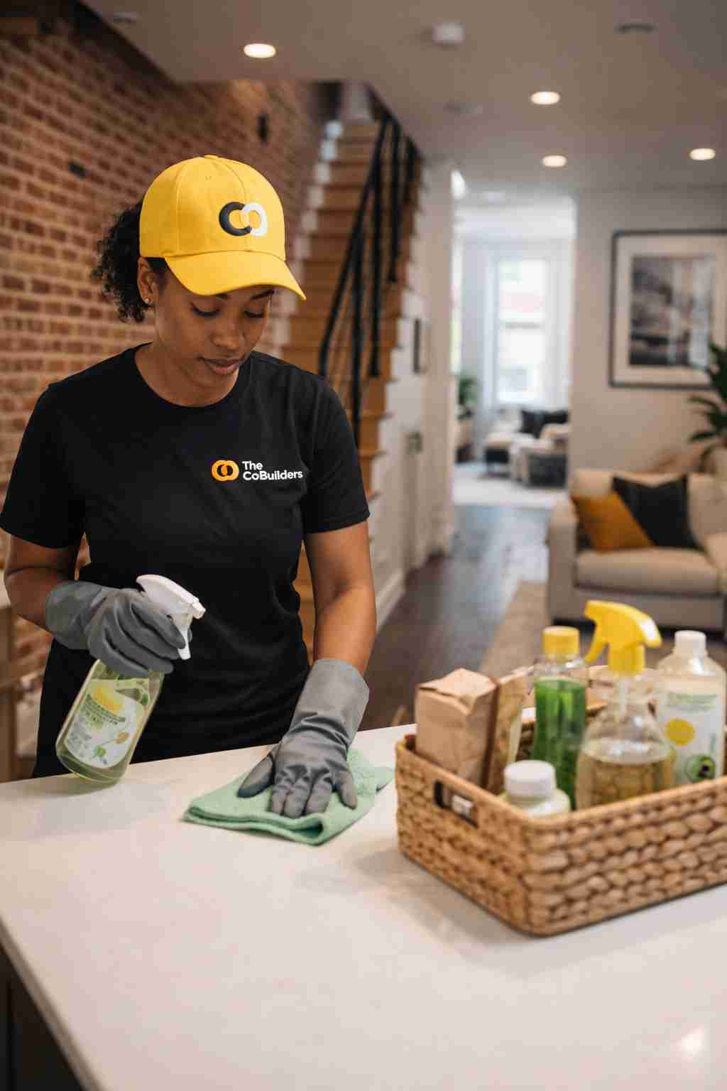 A professional cleaner from The CoBuilders cleaning a stylish DC rowhouse with eco-friendly supplies