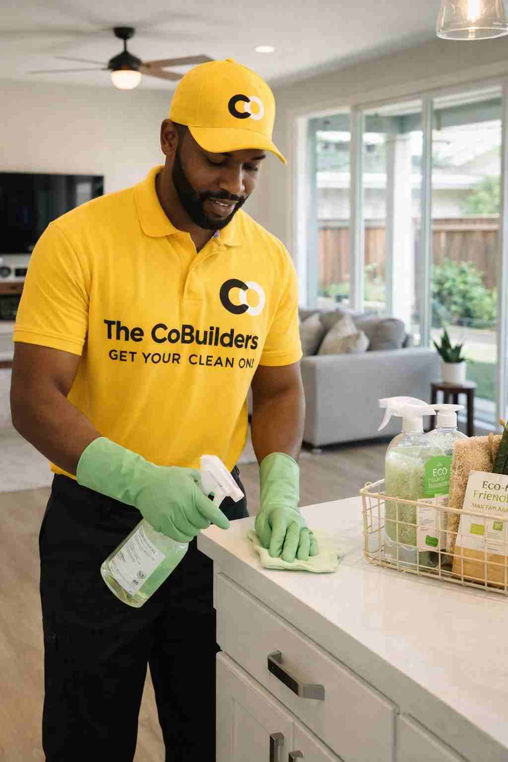 Professional cleaner from The CoBuilders in a modern Elk Grove, California home using eco-friendly supplies