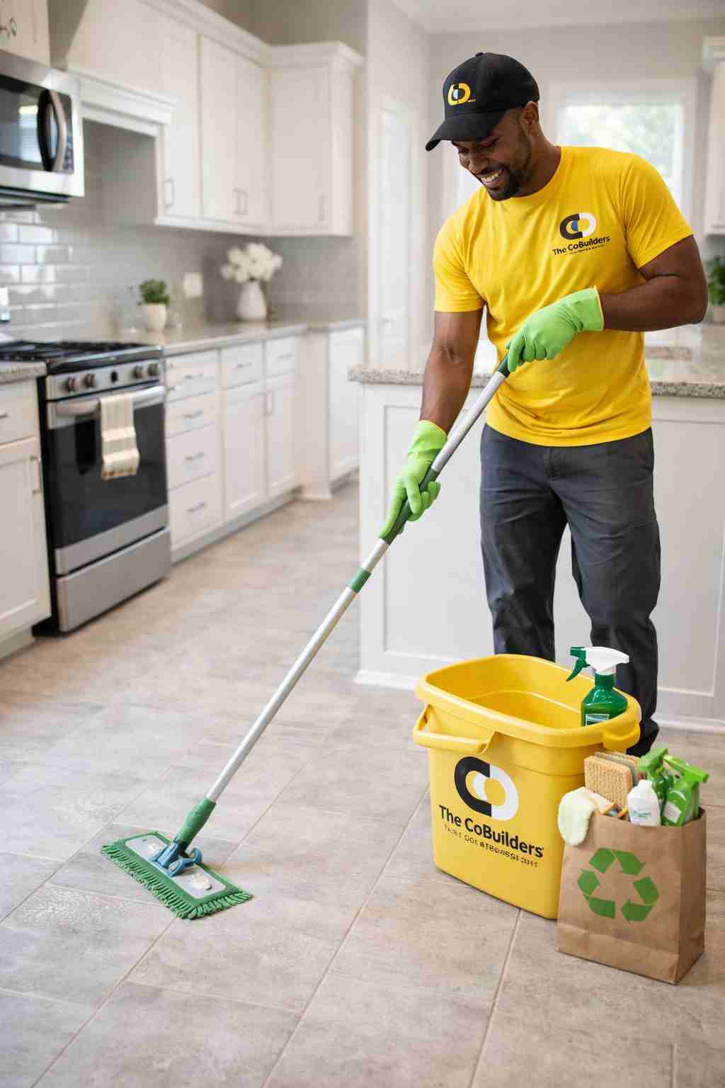 Professional cleaner from The CoBuilders mopping a kitchen floor in a Katy, Texas home using eco-friendly supplies