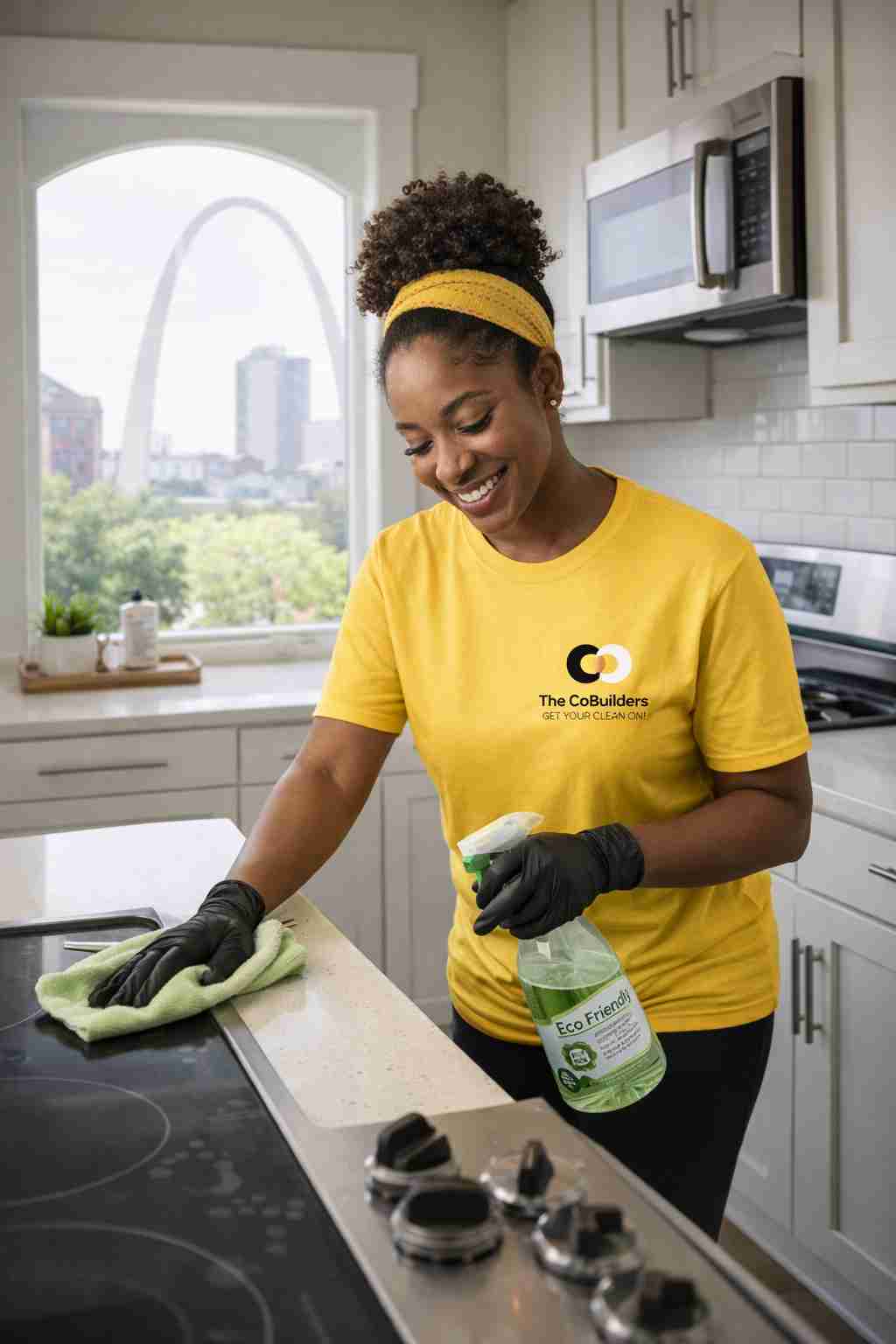 Eco-friendly house cleaner from The CoBuilders cleaning a residential kitchen in St. Louis, Missouri