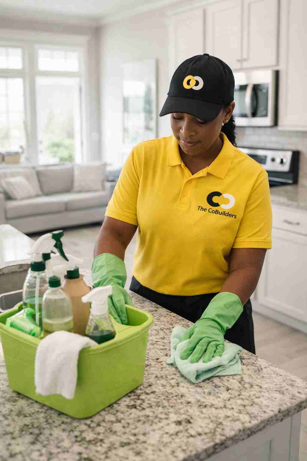 A professional house cleaner from The CoBuilders working inside a Concord, NC home with eco-friendly supplies