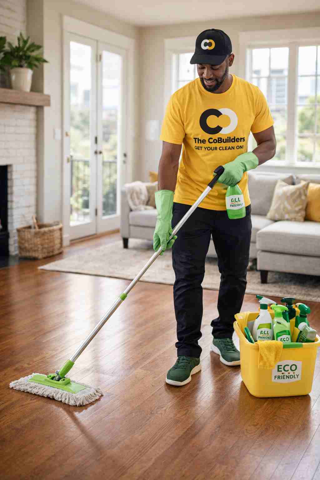 Eco-conscious cleaner from The CoBuilders mopping the floors of a Birmingham, Alabama home with green cleaning products