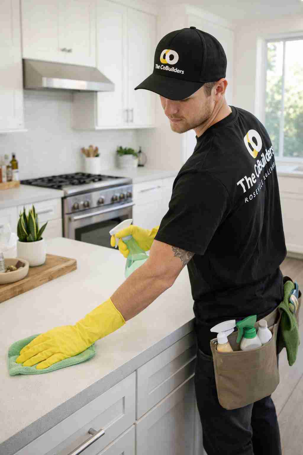 A professional cleaner from The CoBuilders cleaning a Roseville, California home with eco-friendly supplies