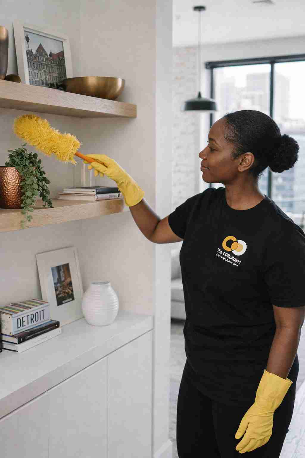 A recurring cleaner from The CoBuilders dusting shelves in a modern Detroit home