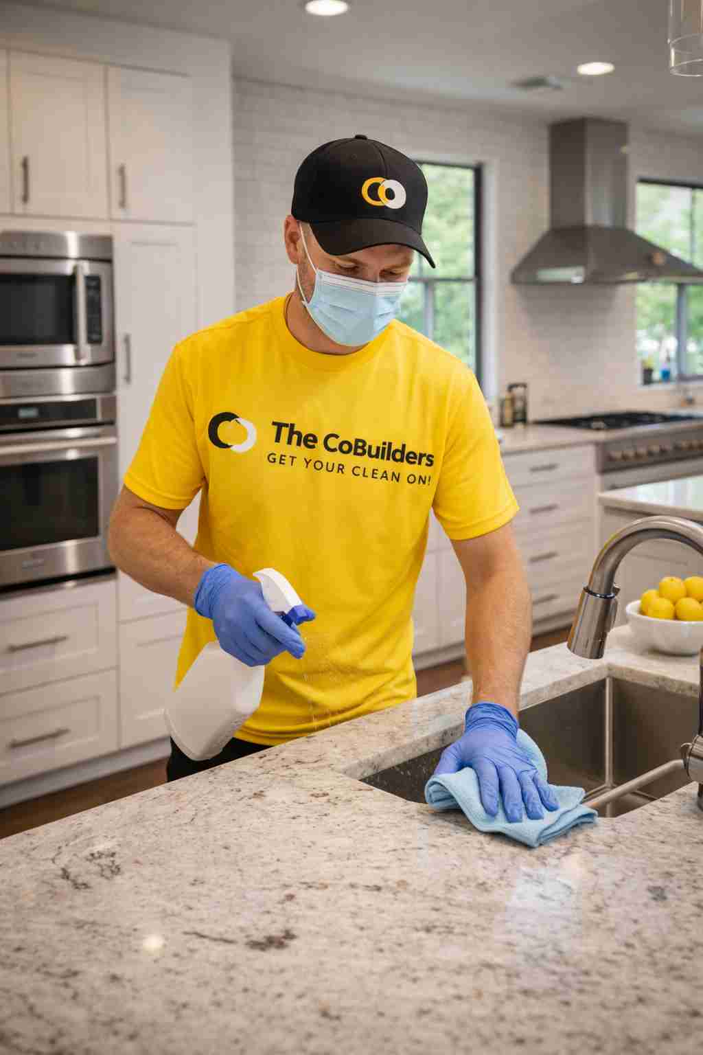 A professional cleaner from The CoBuilders sanitizing a modern kitchen in Plano, Texas