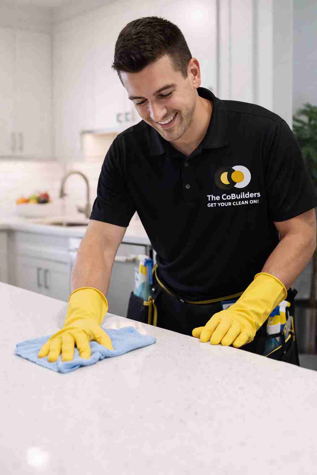 The CoBuilders professional cleaner wiping countertops during a recurring cleaning service appointment in a modern home