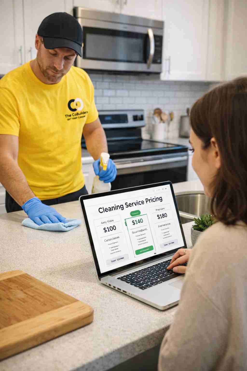 Cleaner from The CoBuilders disinfecting kitchen surfaces while homeowner compares cleaning service pricing online