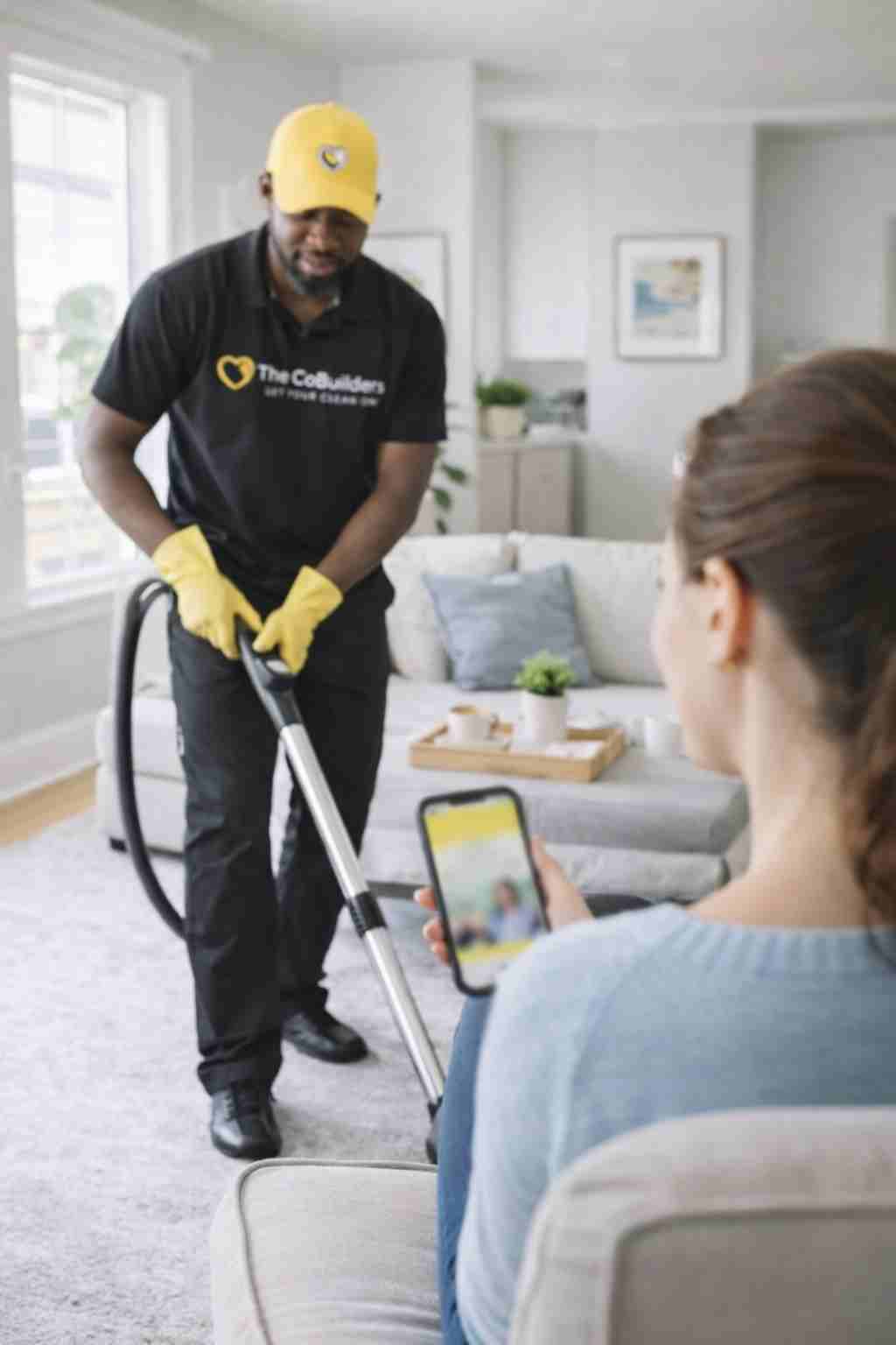 Professional cleaner from The CoBuilders cleaning a bright modern living room while homeowner compares Homeaglow house cleaning services online