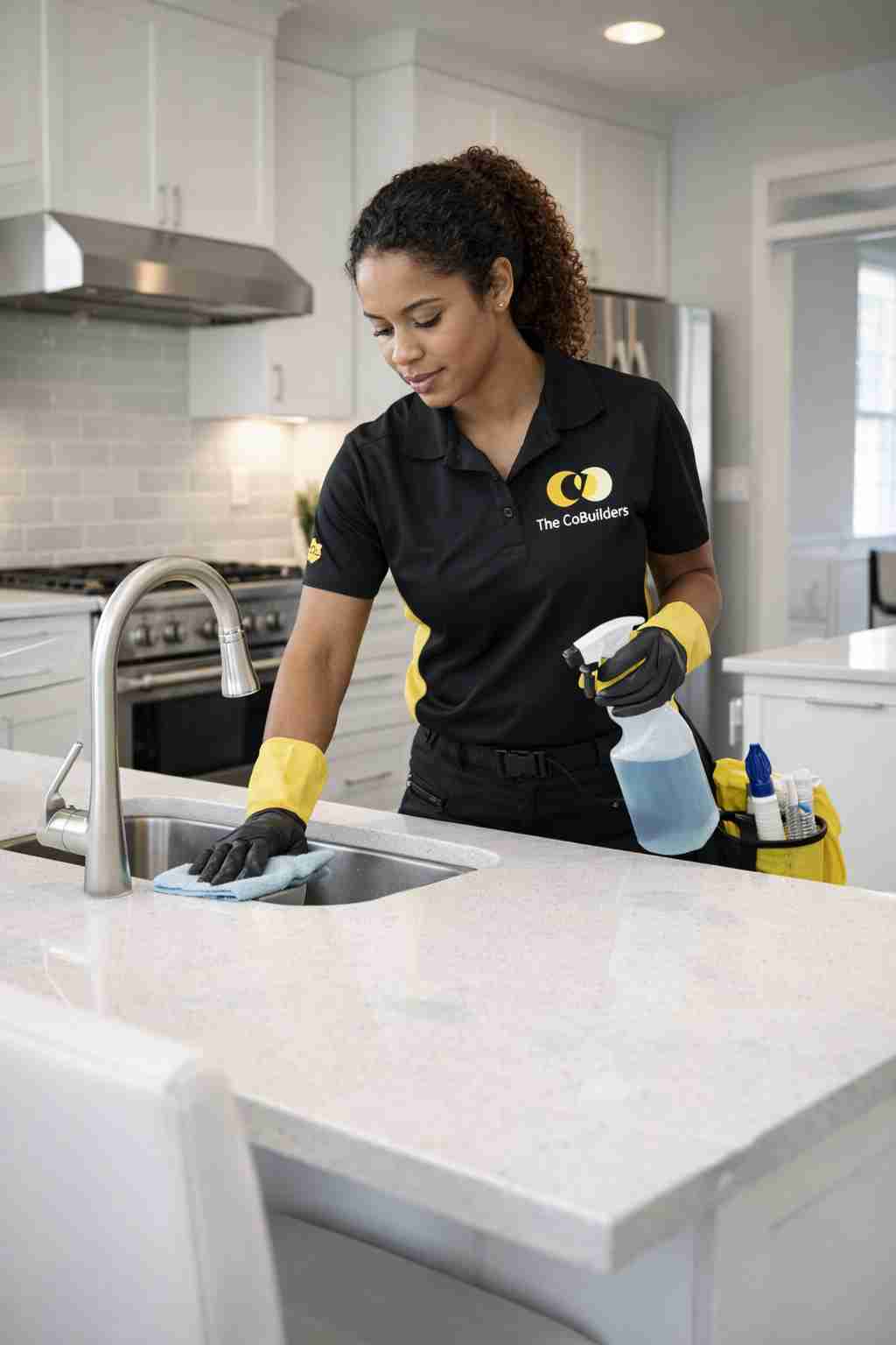 Professional house cleaner from The CoBuilders cleaning a modern kitchen in Rochester, NY