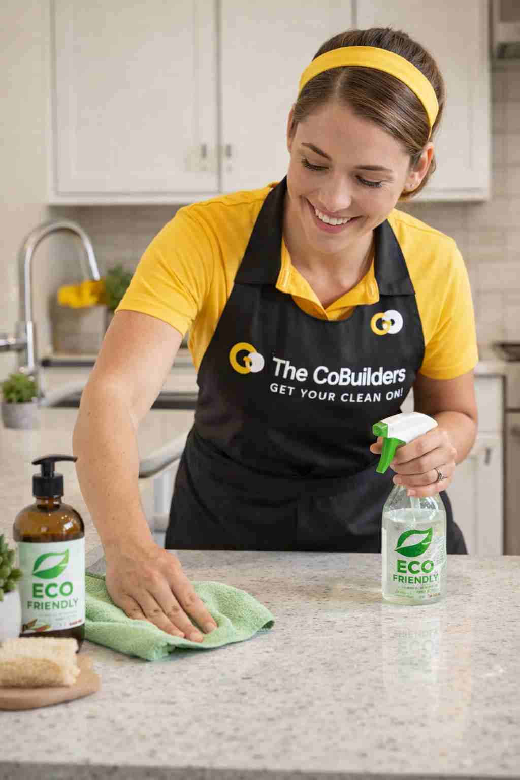 Professional house cleaner from The CoBuilders wiping kitchen countertops with eco-friendly products