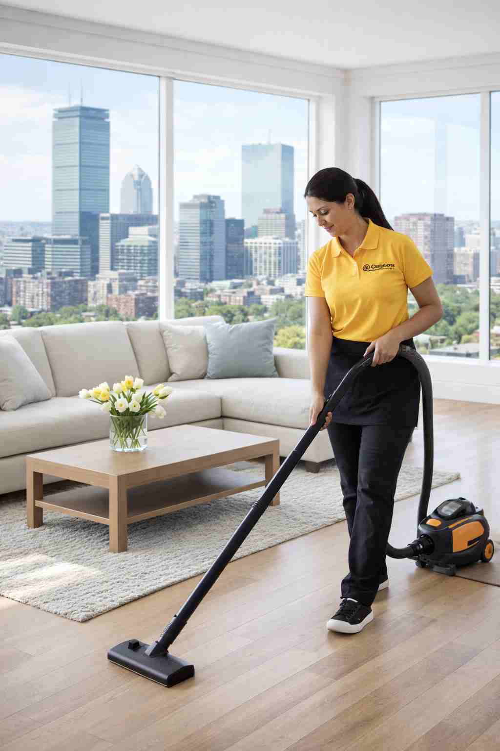 Professional home cleaner in Boston, MA vacuuming a bright living room with a skyline view of downtown Boston in the background