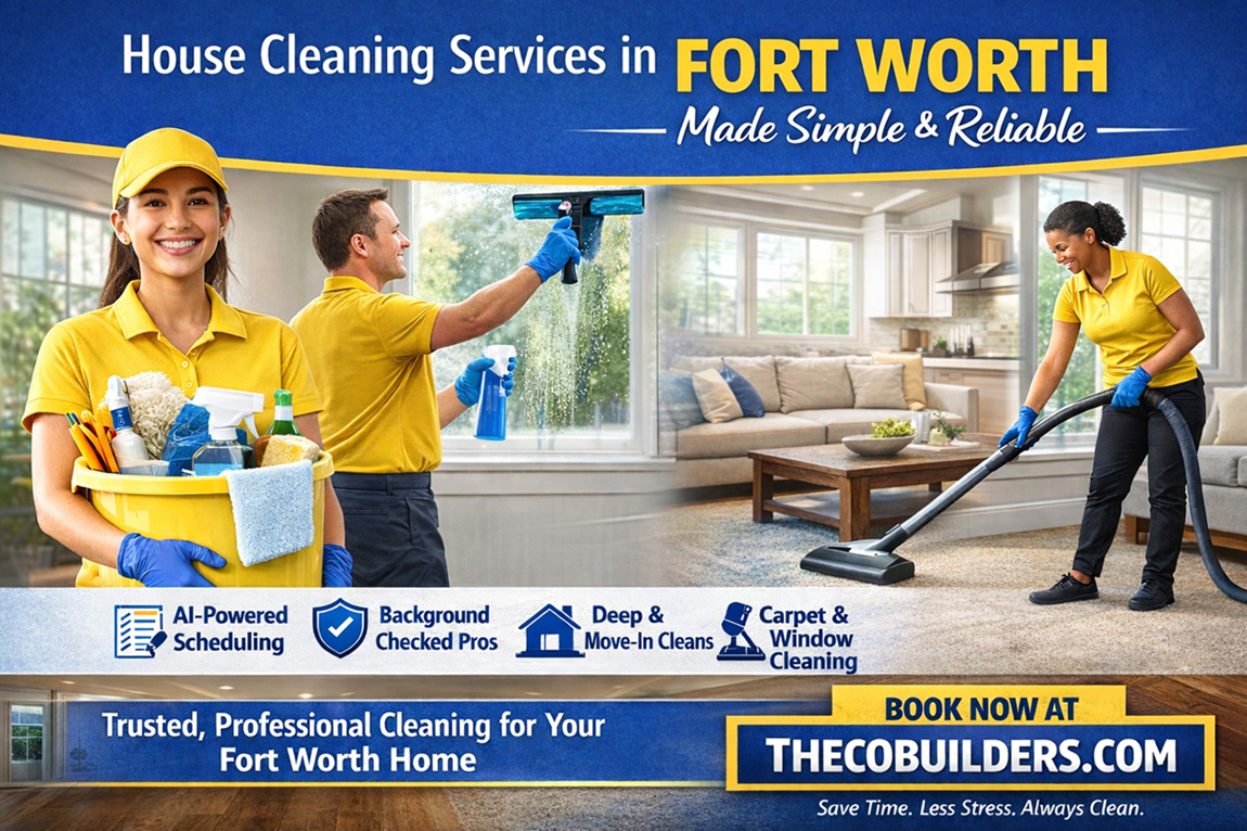 Reliable house cleaning services in Fort Worth TX showing professional cleaners providing home, carpet, and window cleaning.
