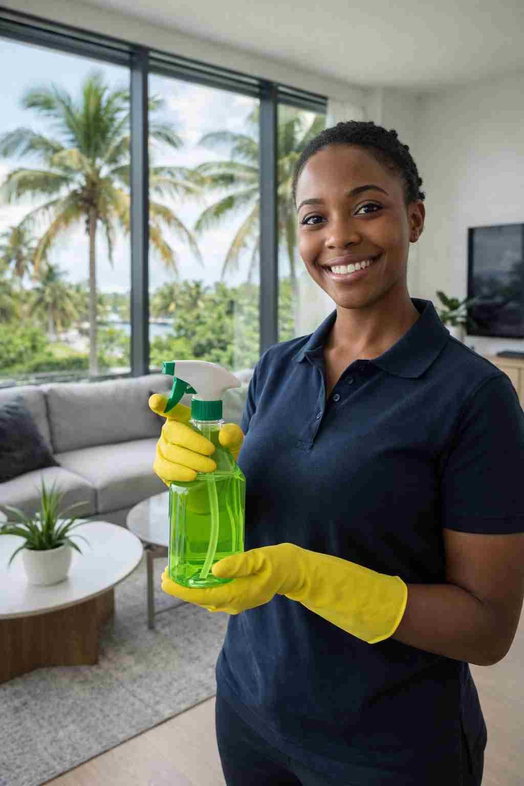 Professional home cleaner with a green cleaning spray bottle in a modern Orlando, FL home with palm trees visible through the window