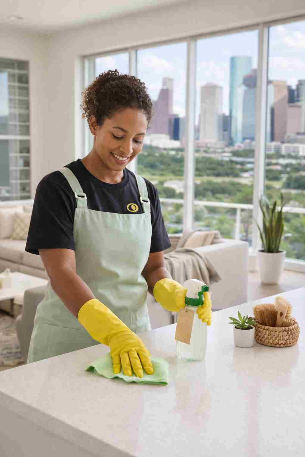 Professional home cleaner in a modern Houston, Texas home using eco-friendly supplies with the Houston skyline visible through the window
