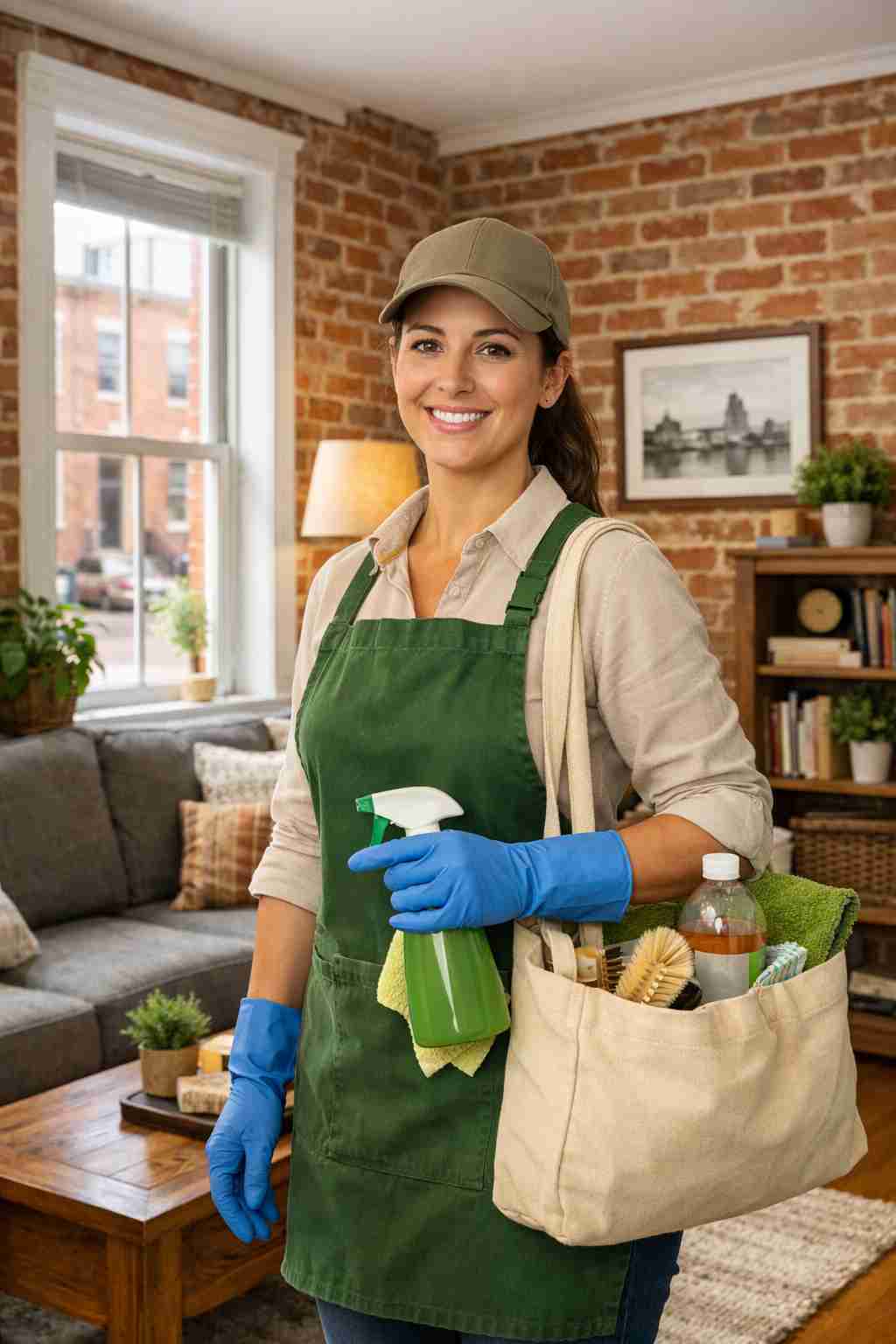 Professional home cleaner wearing gloves and eco-friendly gear in a cozy Baltimore rowhouse living room with brick walls and large windows